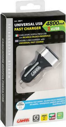 Lampa Fast Charger Φορτιστής Αυτοκινήτου 4.8A Γρήγορης Φόρτισης με Θύρες: 2xUSB