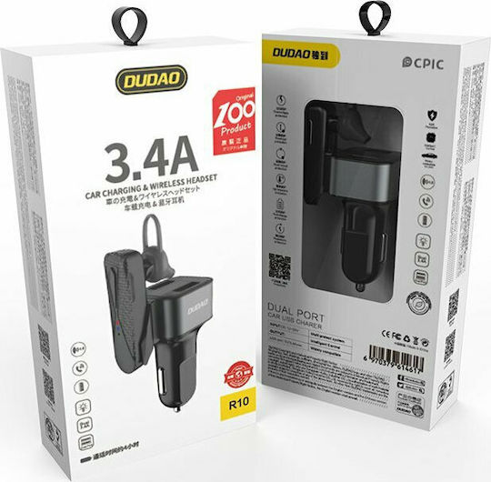 Dudao R10 Auto-Ladegerät 3.4A mit Anschlüssen: 2xUSB und Bluetooth-Kopfhörer Schwarz Farbe