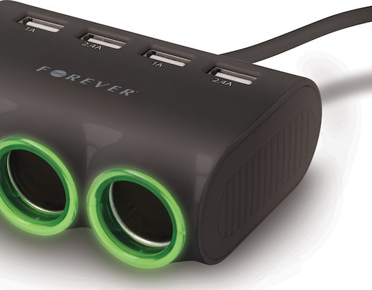 Forever Car Charger 120W 2.4A with Ports: 4xUSB with Cable Embedded Black Color