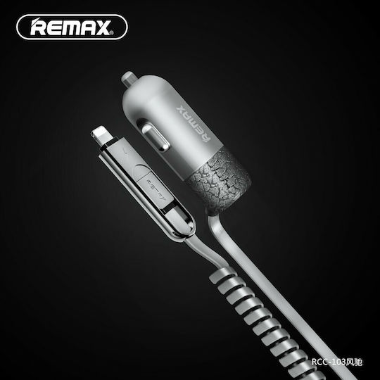 Remax Finchy Auto-Ladegerät 3.4A mit einem Anschluss: 1xUSB mit Kabel Blitzschlag / Mikro-USB Silber Farbe