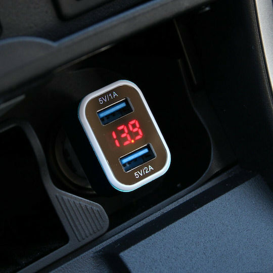 AMiO Car Charger 3A with Ports: 2xUSB and Voltmeter White Color
