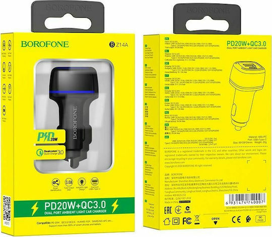 Borofone BZ14A Auto-Ladegerät 20W 3A Schnellladung mit Anschlüssen: 1xUSB 1xType-C Schwarz Farbe