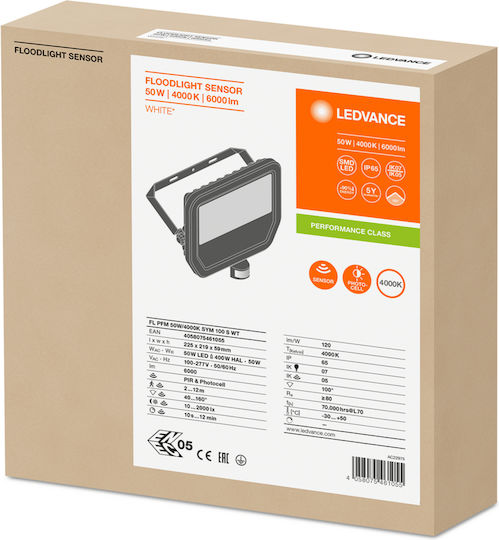 Ledvance Waterproof LED Flood Light 50W Natural White 4000K With Motion Sensor IP65