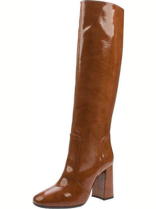 Damenstiefel aus Lackleder mit hohem Absatz Tabac Braun