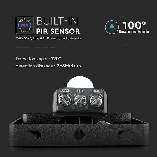 V-TAC Vt-10-s Wasserdichter LED Flutlichter 10W Warmes Weiß 3000K mit Bewegungssensor IP65