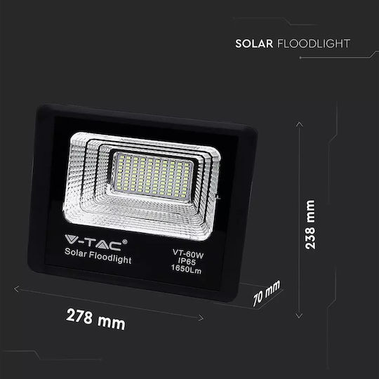 V-TAC Στεγανός Ηλιακός Προβολέας LED 20W Ψυχρό Λευκό 6400K με Τηλεχειριστήριο IP65