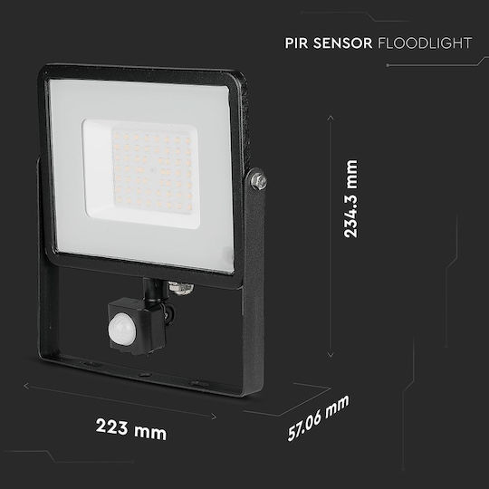 V-TAC VT-50-S Waterproof LED Flood Light 50W Cold White 6400K With Motion Sensor IP65