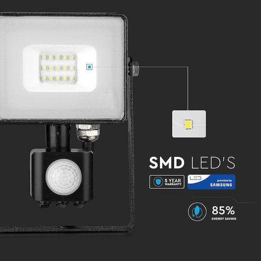 V-TAC VT-10-S Wasserdichtes LED Flutlichter 10W Kaltweiß 6400K mit Bewegungssensor IP65