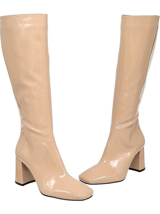Damenstiefel aus Lackleder mit hohem Absatz Beige