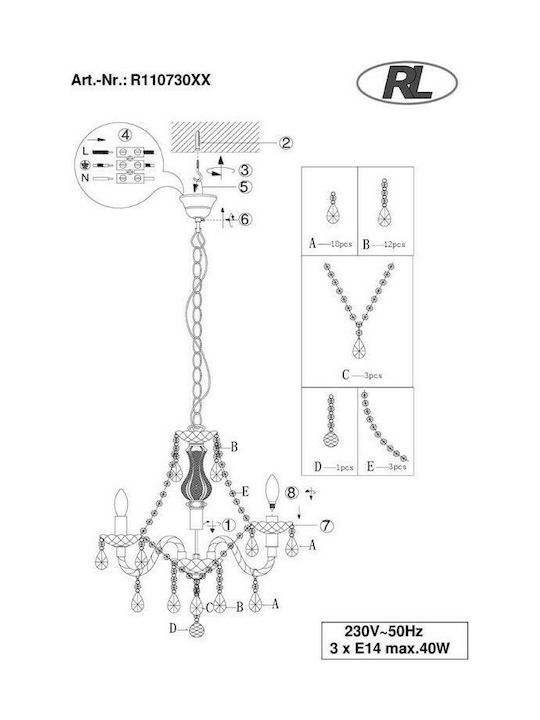 Trio Lighting Luster Полилей 3xE14 с Свещи Прозрачен R11073000