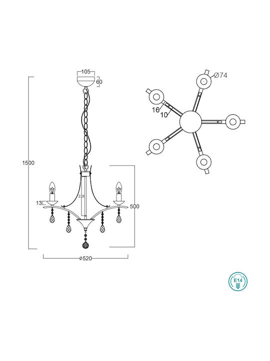 Trio Lighting Lucerna Chandelier Candlestick 5xE14 Silver 52cm 101600506