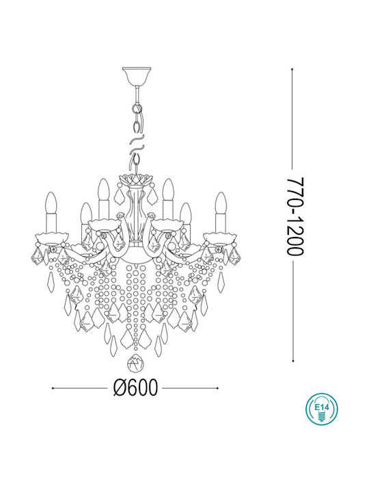 Ideal Lux Chandelier Candlestick 6xE14 Transparent 60cm 035628