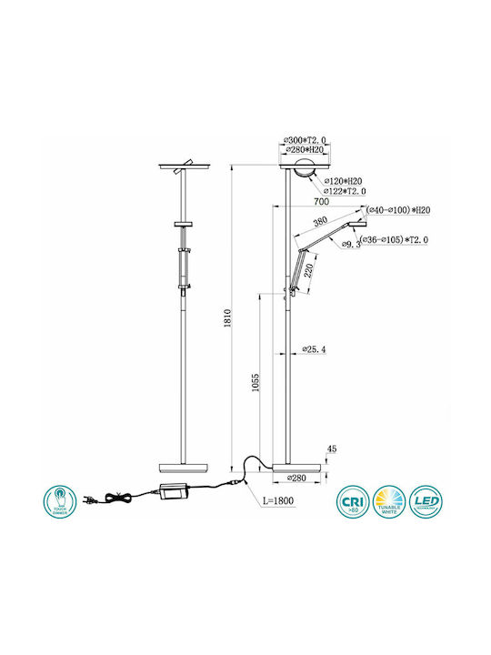 Trio Lighting Barrie LED Φωτιστικό Δαπέδου Υ181xΜ30εκ. με Ρυθμιζόμενο Λευκό Φως 4000lm Ασημί