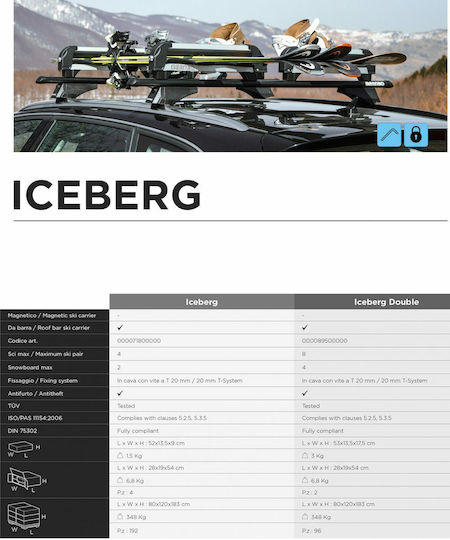 Auto Gs Iceberg Bare și suporturi pentru schiuri auto Din aluminiu Potrivite pentru 4 perechi de schiuri sau 2 plăci de snowboard