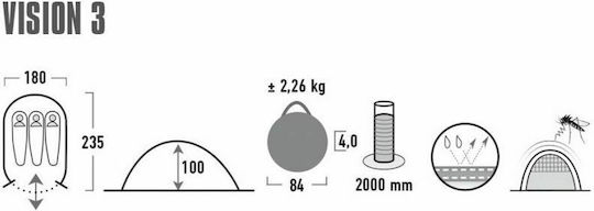 High Peak Vision 3 Camping Tent Pop Up Black 3 Seasons for 3 People 235x180x100cm