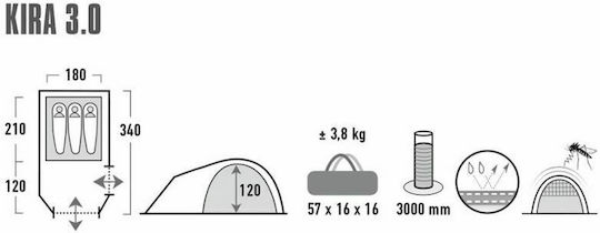 High Peak Kira 3 Camping Tent Tunnel Mountaineering White with Double Cloth 4 Seasons for 3 People Waterproof 3000mm 300x180x120cm
