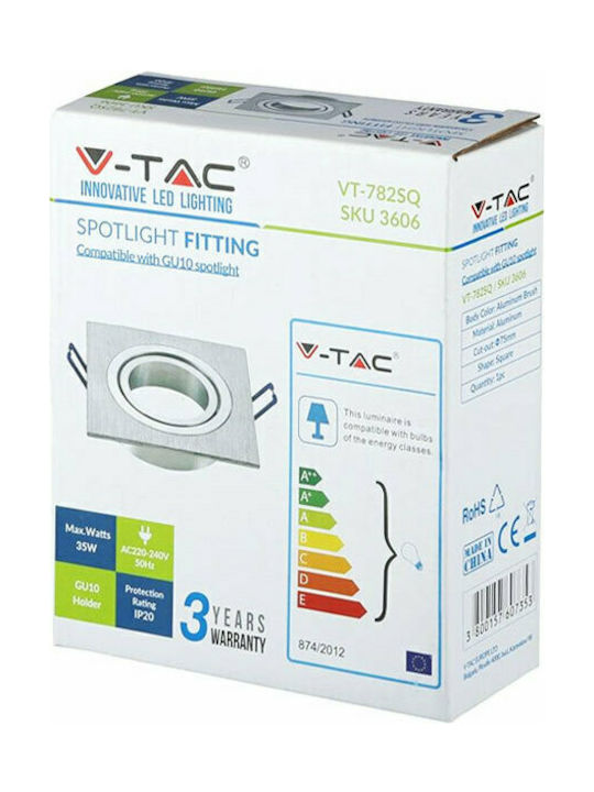 V-TAC Τετράγωνο Μεταλλικό Χωνευτό Σποτ με Ενσωματωμένο LED και Ψυχρό Λευκό Φως MR16 Κινούμενο Ασημί 9.1x9.1εκ.