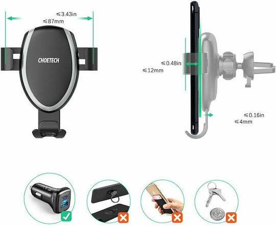 Choetech Suport Auto Pentru Telefon Mobil Cu Cârlige Reglabile Și Încărcare Wireless 10W Neagră