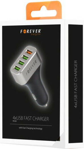 Forever Car Charger 30W 4.8A Fast Charging with Ports: 4xUSB Black Color