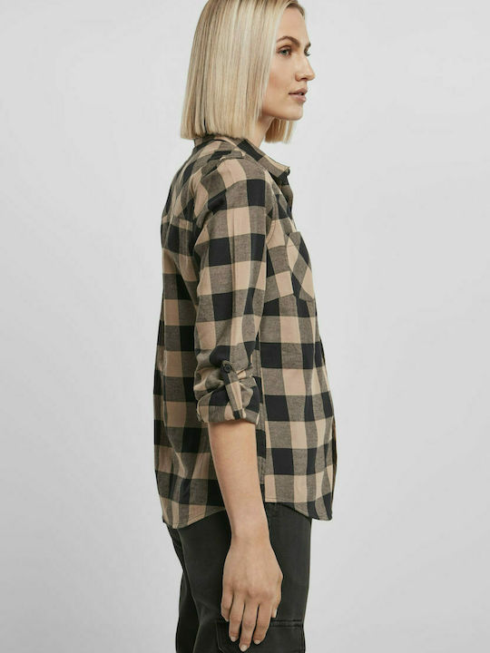 TB1280 Women's Checked Long Sleeve Shirt Black/Soft Taupe