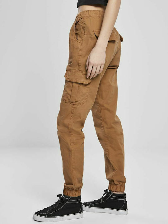 Damen Hoch tailliert Stoff Cargo Hose mit Gummizug Tabac Braun