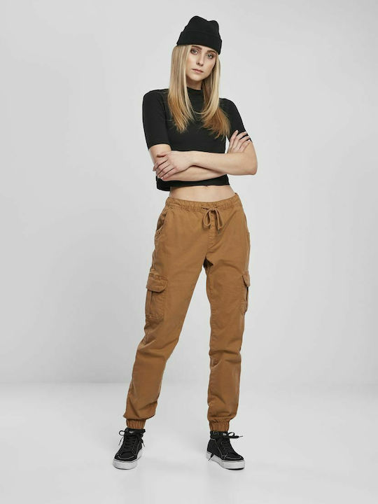 Damen Hoch tailliert Stoff Cargo Hose mit Gummizug Tabac Braun