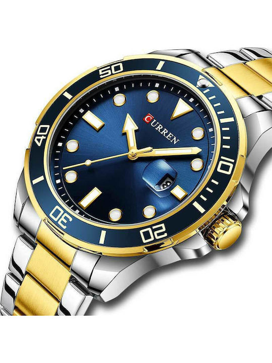 Curren Gold/Blue Men's Watch 46mm Battery with Metal Bracelet Silver/Gold