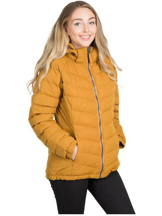 Nadina Women's Short Puffer Jacket for Winter with Hood Golden Brown