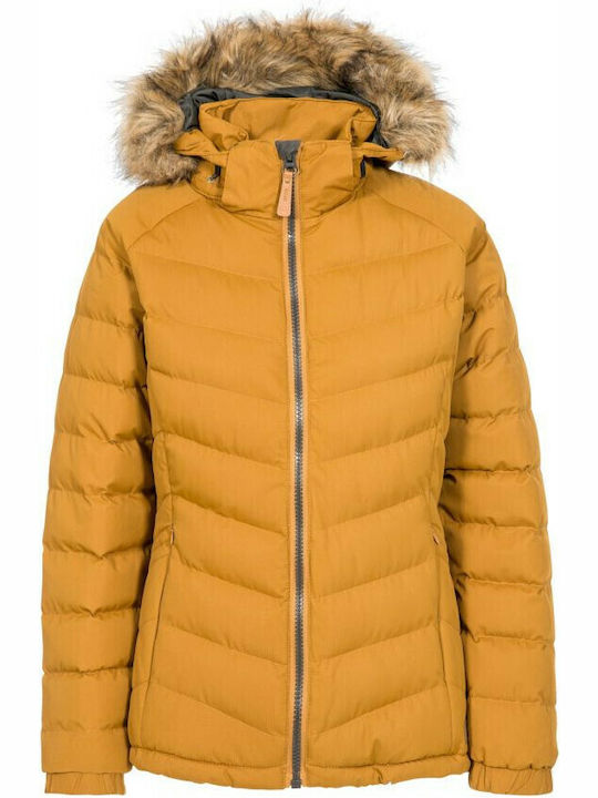 Nadina Women's Short Puffer Jacket for Winter with Hood Golden Brown