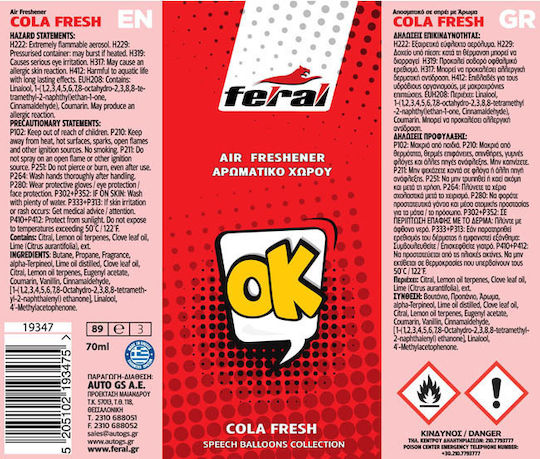 Feral Car Air Freshener Spray Speech Collection Cola Fresh 70ml