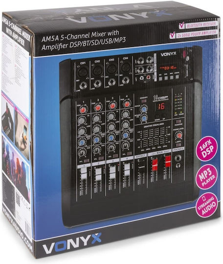 Vonyx AM5A 172.573 Active Analog 5 Channel Console with Phantom Power & 4 XLR Inputs & Bluetooth