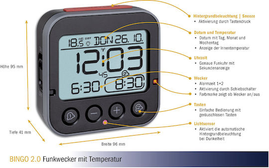 TFA Bingo Tabletop Digital Clock Plastic With Black Alarm Clock 60.2550.01
