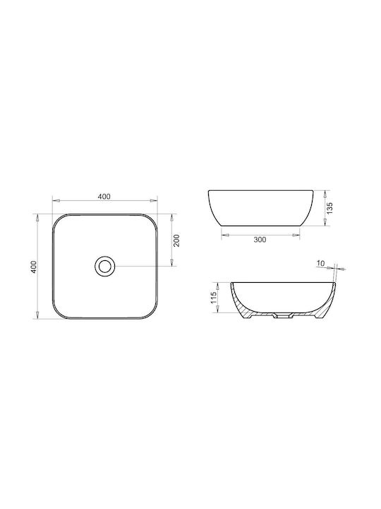 Tema POR040 Aufsatzwaschbecken Porzellan 40x40x11.5cm Gloss White