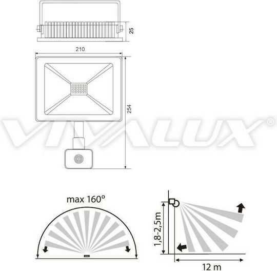Vivalux Στεγανός Προβολέας LED 50W με Αισθητήρα Κίνησης IP44
