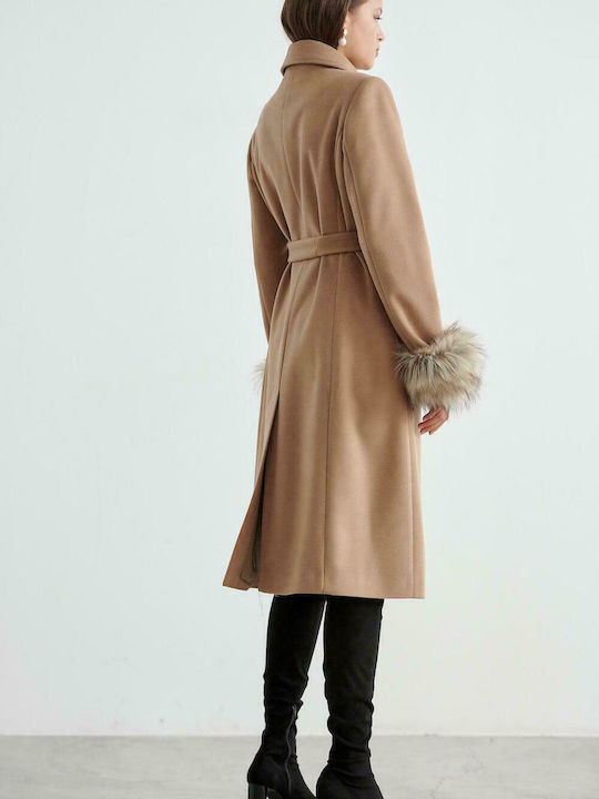 Bill Cost Γυναικείο Καμηλό Παλτό με Γούνινες Λεπτομέρειες