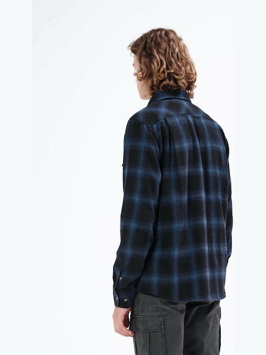 Men's Shirt Long Sleeve Cotton Checked Navy Blue