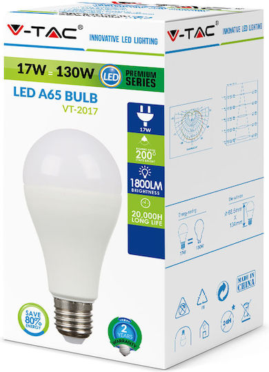 V-TAC VT-2017 Λάμπα LED 17W 130mm για Ντουί E27 και Σχήμα A65 Θερμό Λευκό 1521lm