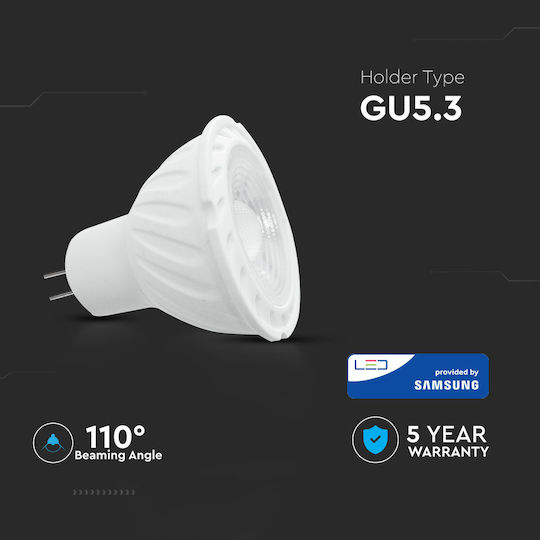 V-TAC VT-257 Bec LED 6.5W pentru Soclu GU5.3 și Formă MR16 Alb cald 450lm