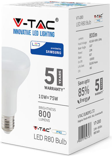 V-TAC VT-280 Λάμπα LED 10W 80mm για Ντουί E27 και Σχήμα R80 Ψυχρό Λευκό 800lm