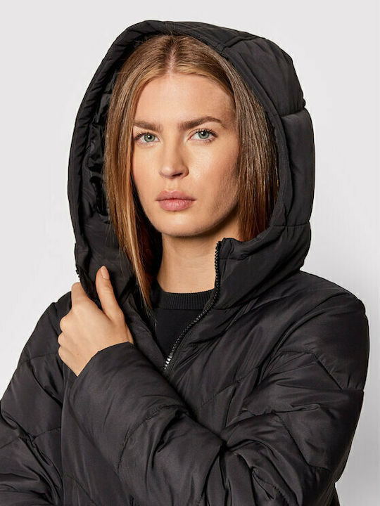 Women's Long Puffer Jacket for Winter with Hood Black