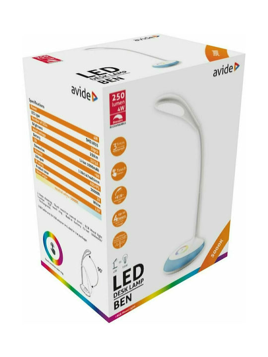Avide ABLDLRGB-4W-W Επαναφορτιζόμενο LED Φωτιστικό Γραφείου με Εύκαμπτο Βραχίονα σε Λευκό Χρώμα