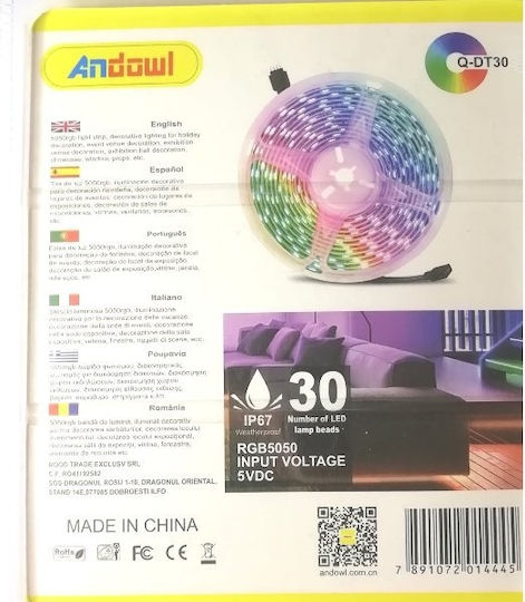 Andowl Αδιάβροχη Ταινία LED USB 5V RGB Φως 3m Τύπου SMD5050 με Τροφοδοτικό & Τηλεχειριστήριο