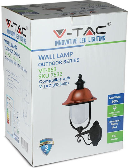 V-TAC Iluminat Exterior Montat Pe Perete Lampion E27 IP44 29x25x52.5cm