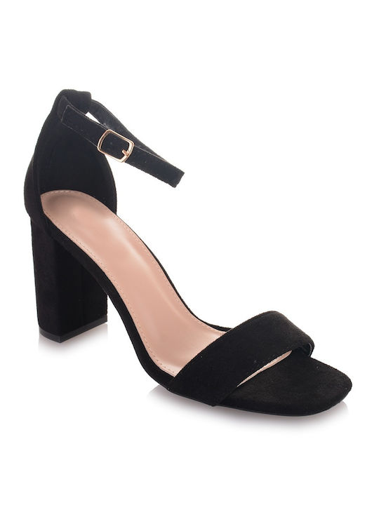 Famous Shoes Suede Γυναικεία Πέδιλα με Χοντρό Ψηλό Τακούνι σε Μαύρο Χρώμα