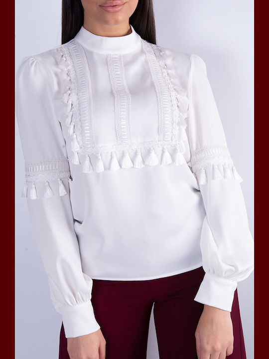 Damenbluse Satin Langärmelig Rollkragenpullover Weiß