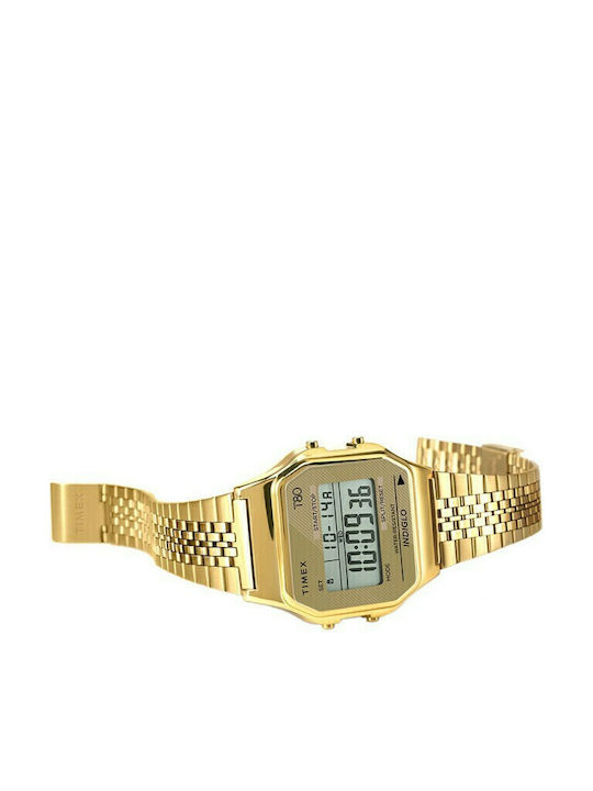 Timex T80 Ψηφιακό Ανδρικό Ρολόι 34mm Μπαταρίας με Χρυσό Μεταλλικό Μπρασελέ