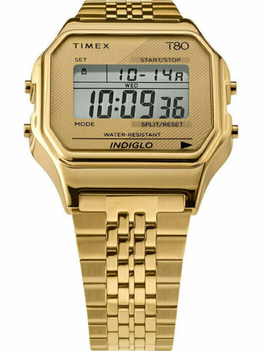 Timex T80 Ψηφιακό Ανδρικό Ρολόι 34mm Μπαταρίας με Χρυσό Μεταλλικό Μπρασελέ