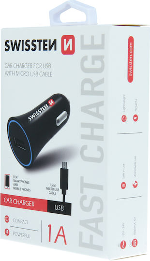 Swissten Φορτιστής Αυτοκινήτου 1A με μία Θύρα: 1xUSB μαζί με Καλώδιο Micro-USB Μαύρο Χρώμα