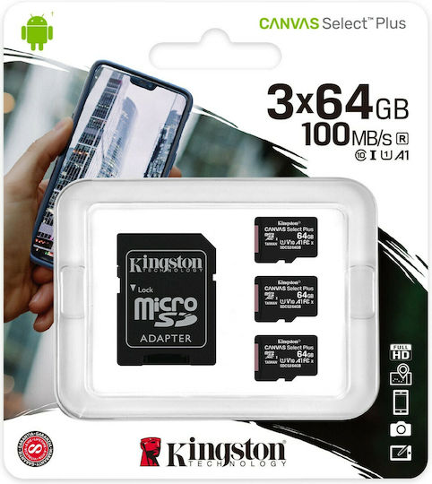 Kingston Canvas Select Plus microSDXC 64GB U1 V10 A1 UHS-I 100MB/s με αντάπτορα