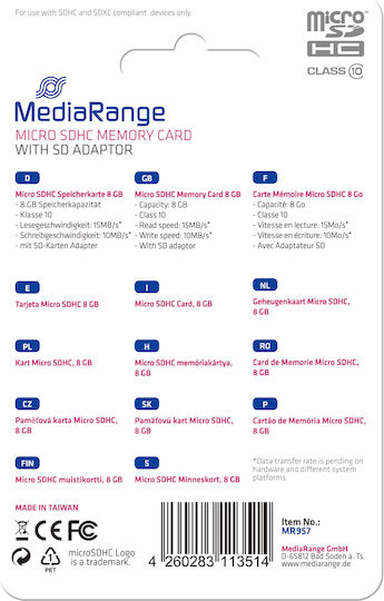 MediaRange microSDHC 8GB Clasa 10 High Speed 15MB/s cu adaptor